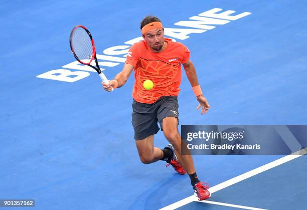 Alexandr Dolgopolov of Ukraine plays a forehand in his match against Nick Kyrgios of Australia during day six of the 2018 Brisbane International at...