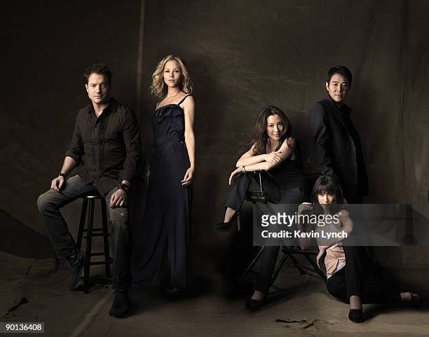 The cast of The Mummy: Tomb of the Dragon Emperor actors Brendan Fraser, Maria Bello, Michelle Yeoh, Jet Li, and Isabella Leong pose for at portrait...