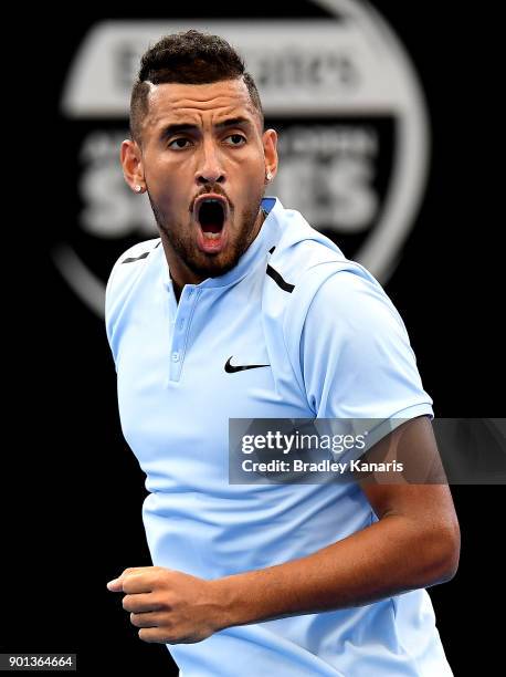 Nick Kyrgios of Australia celebrates in his match against Alexandr Dolgopolov of Ukraine during day six of the 2018 Brisbane International at Pat...