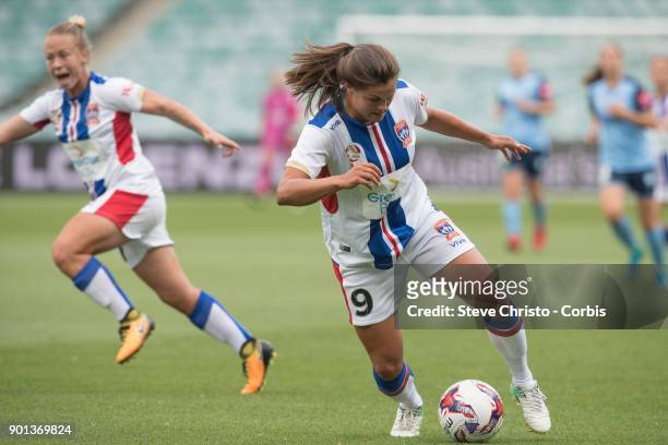 January 3: Katherine Stengel of Newcastle Jets dribbles the ball during the round ten W-League match between the Sydney FC and Newcastle Jets FC at...