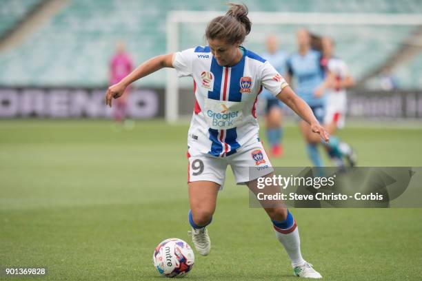 January 3: Katherine Stengel of Newcastle Jets dribbles the ball during the round ten W-League match between the Sydney FC and Newcastle Jets FC at...