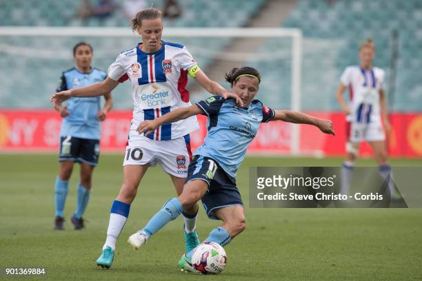 January 3: Lisa De Vanna of Sydney FC battles for the ball with Jets Emily Van Egmond during the round ten W-League match between the Sydney FC and...