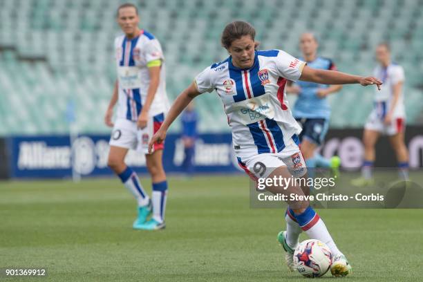 January 3: Katherine Stengel of Newcastle Jets dribbles the ball during the round ten W-League match between the Sydney FC and Newcastle Jets FC at...