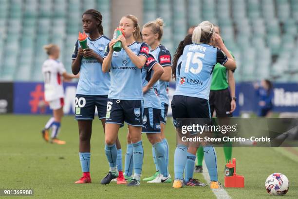 January 3: Members of Sydney FC take a drinks break during the round ten W-League match between the Sydney FC and Newcastle Jets FC at Allianz...