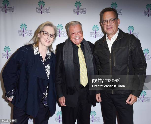 Meryl Streep, Chairman of the Palm Springs International Film Festival Harold Matzner and Tom Hanks attend the 29th Annual Palm Springs International...