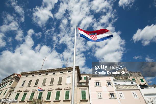 the exterior of buildings at the central area of sibenik, croatia - sibenik croatia stock pictures, royalty-free photos & images