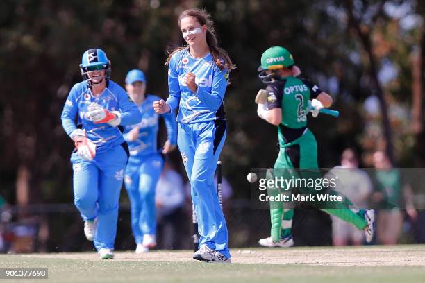 Alex Price of Adelaide Strikers celebrates a wicket during the Women's Big Bash League match between the Melbourne Stars and the Adelaide Strikers at...