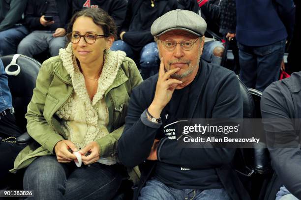 Actor Billy Crystal attends a basketball game between the Los Angeles Clippers and the Oklahoma City Thunder at Staples Center on January 4, 2018 in...