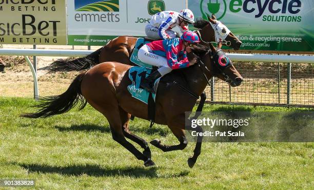 Magromeus ridden by Katelyn Mallyon wins the Lake Fyans Holiday Park BM58 Handicap at Stawell Racecourse on January 05, 2018 in Stawell, Australia.
