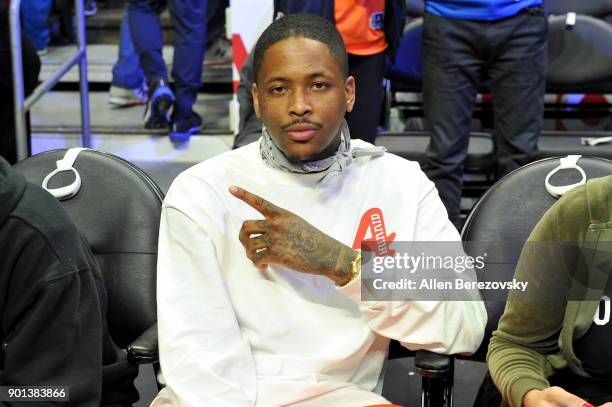 Rapper YG attends a basketball game between the Los Angeles Clippers and the Oklahoma City Thunder at Staples Center on January 4, 2018 in Los...