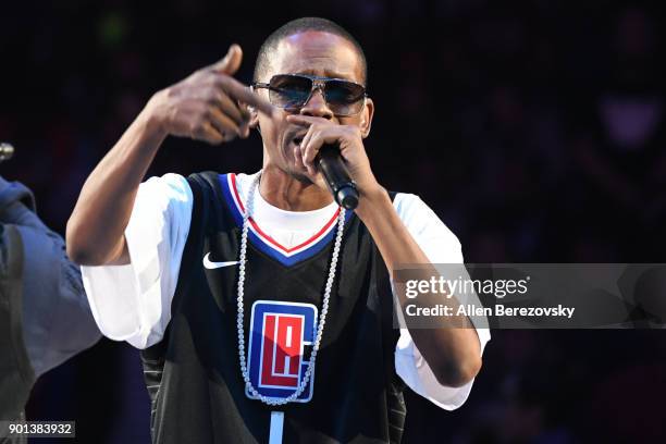 Rapper Kurupt performs during halftime of a basketball game between the Los Angeles Clippers and the Oklahoma City Thunder at Staples Center on...