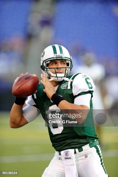 Mark Sanchez of the New York Jets warms up before a preseason game against the Baltimore Ravens at M&T Bank Stadium on August 24, 2009 in Baltimore,...