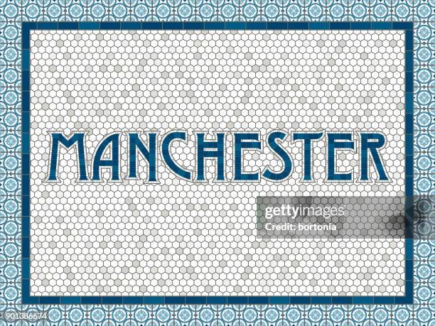 manchester old fashioned mosaic tile typography - subway tile backsplash stock illustrations