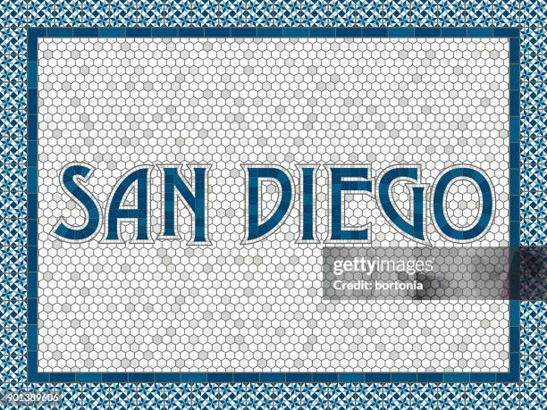 san diego old fashioned mosaic tile typography - subway tile stock illustrations