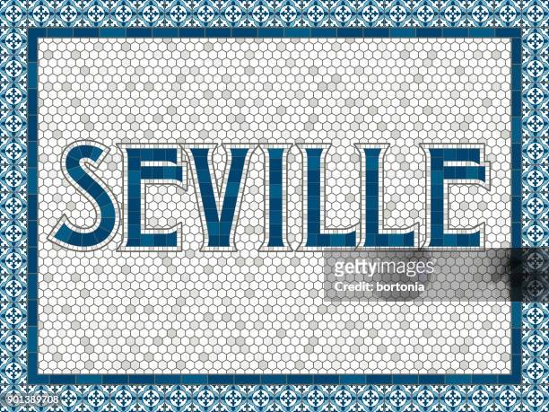 sevilla alte altmodische mosaik fliesen typografie - seville stock-grafiken, -clipart, -cartoons und -symbole