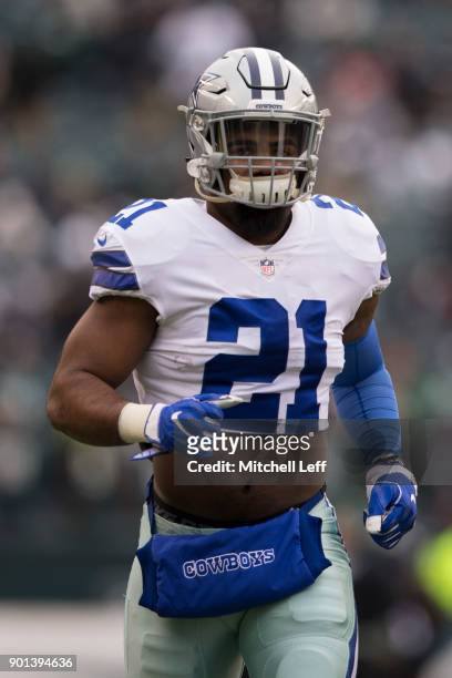 Ezekiel Elliott of the Dallas Cowboys runs onto the field prior to the game against the Philadelphia Eagles at Lincoln Financial Field on December...