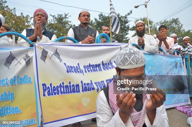 Indian Muslim men prayer for the Al- Aqsa mosque in the Old City of Jerusalem.West Bengal State Jamait Ulama -E-Hind activists and supporters during...