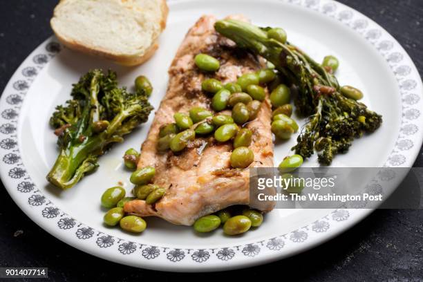 Artic Char, Broccolini and Edamame With Soy-Ginger Sauce photographed in Washington, DC. .