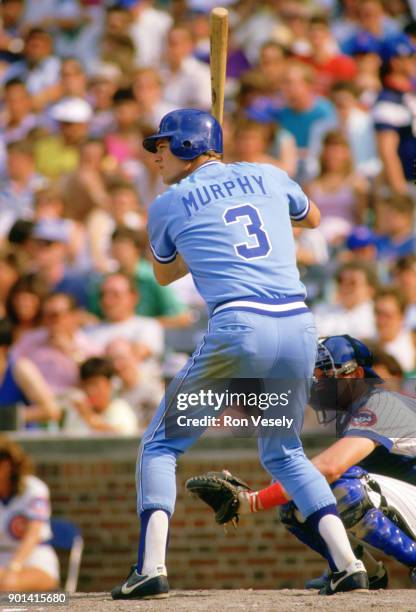 Dale Murphy of the Atlanta Braves bats during an MLB game against the Chicago Cubs at Wrigley Field in Chicago, Illinois during the 1986 season.