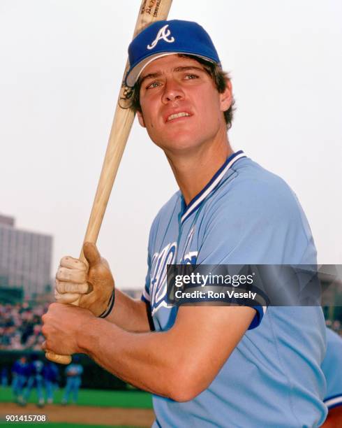 Dale Murphy of the Atlanta Braves poses for a photo prior to an MLB game against the Chicago Cubs at Wrigley Field in Chicago, Illinois during the...