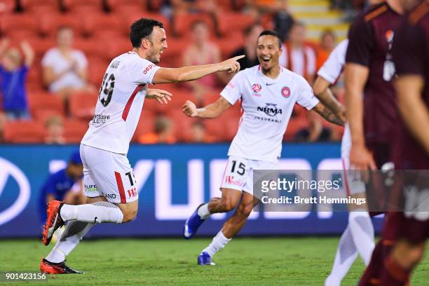 Mark Bridge of the Wanderers celebrates scoring a goal during the round 14 A-League match between the Brisbane Roar and the Western Sydney Wanderers...