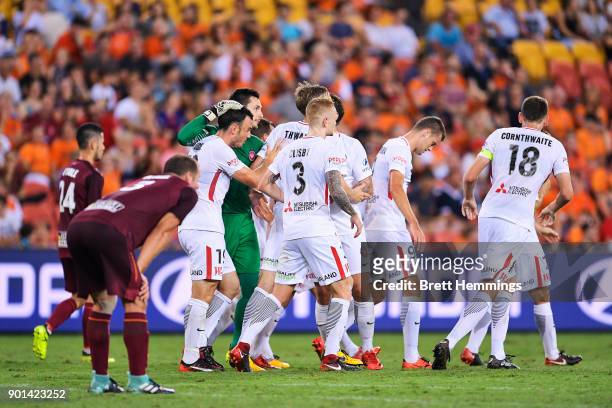 Mark Bridge of the Wanderers celebrates scoring a goal with team mates during the round 14 A-League match between the Brisbane Roar and the Western...