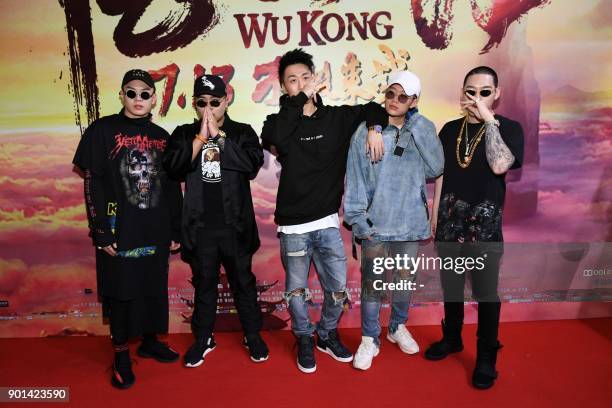 This photo taken on July 9, 2017 shows Chinese rapper PG One posing for a picture during the premiere of the movie "Wu Kong" in Beijing. After...