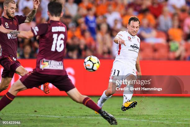 Brendon Santalab of the Wanderers shoots for goal during the round 14 A-League match between the Brisbane Roar and the Western Sydney Wanderers at...