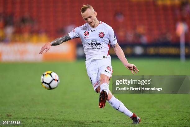 Michael Thwaite of the Wanderers passes the ball during the round 14 A-League match between the Brisbane Roar and the Western Sydney Wanderers at...