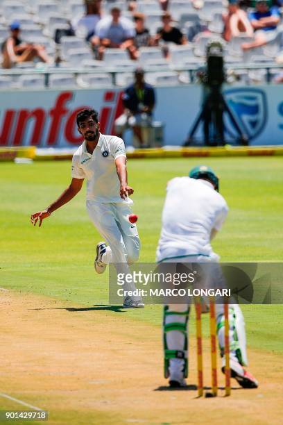 India bowler Jasprit Bumrah reaches out for a ball delivered to South Africa batsman AB de Villiers during day one of the First Test between South...