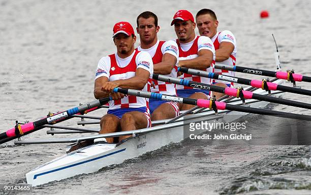 Valent Sinkovic, Damir Martin, Martin Sinkovic and David Sain of Croatia compete in the semi final of the Men's Quadruple Sculls on day six of the...