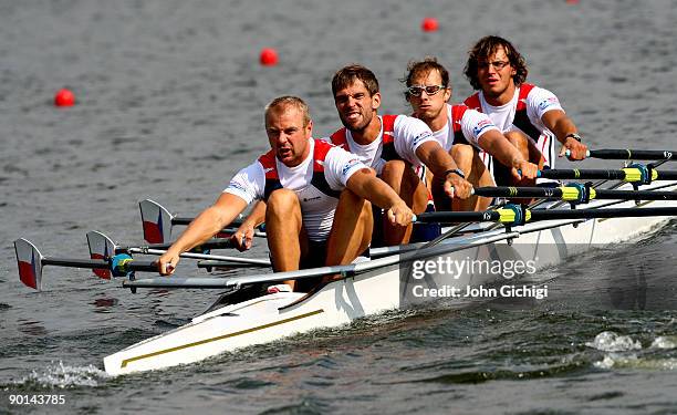 David Jirka, Tomas Karas, Petr Vitasek and Petr Buzrla of Czech Republic compete in the semi final of the Men's Quadruple Sculls on day six of the...