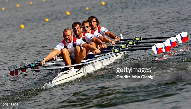 David Jirka, Tomas Karas, Petr Vitasek and Petr Buzrla of Czech Republic compete in the semi final of the Men's Quadruple Sculls on day six of the...