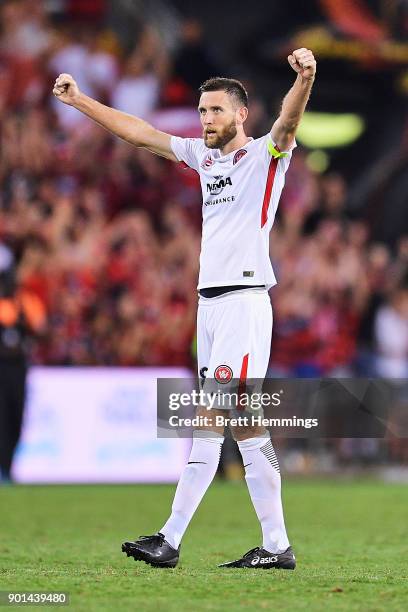 Robert Cornthwaite of the Wanderers celebrates victory during the round 14 A-League match between the Brisbane Roar and the Western Sydney Wanderers...