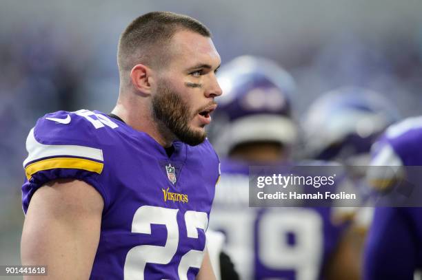 Harrison Smith of the Minnesota Vikings looks on before the game against the Chicago Bears on December 31, 2017 at U.S. Bank Stadium in Minneapolis,...