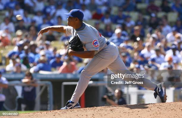 Carlos Marmol of the Chicago Cubs pitches against the Los Angeles Dodgers at Dodger Stadium on August 23, 2009 in Los Angeles, California. The Cubs...