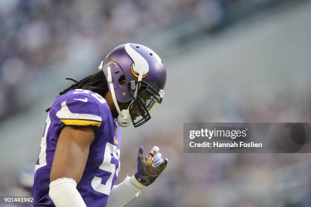 Emmanuel Lamur of the Minnesota Vikings looks on during the game against the Chicago Bears on December 31, 2017 at U.S. Bank Stadium in Minneapolis,...