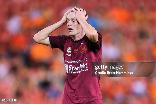 Daniel Leck of Brisbane reacts after a shot at goal during the round 14 A-League match between the Brisbane Roar and the Western Sydney Wanderers at...