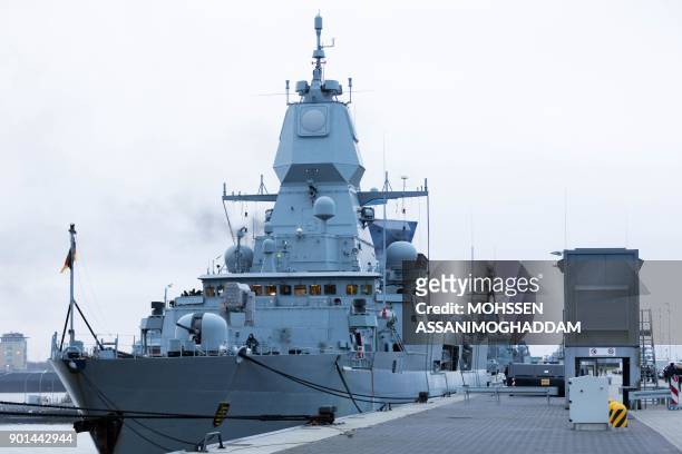 Picture taken on January 5, 2018 shows a Sachsen-class frigate of Germany navy at the harbour of Wilhelmshaven, northern Germany. / AFP PHOTO / dpa /...