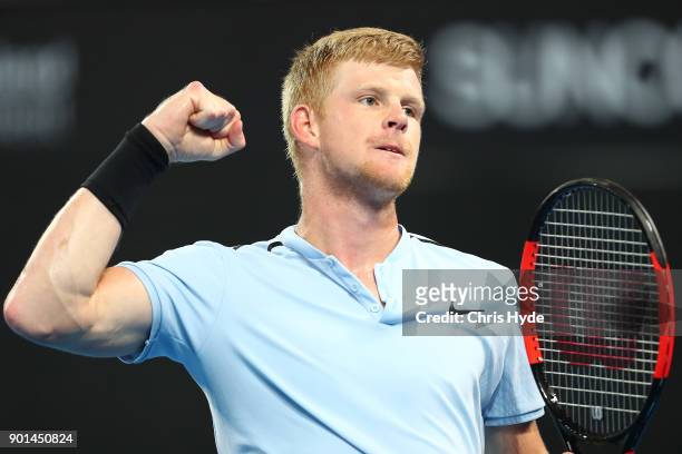 Kyle Edmund of Great Britain celebrates a point in his match against Grigor Dimitrovof of Bulgaria during day six of the 2018 Brisbane International...