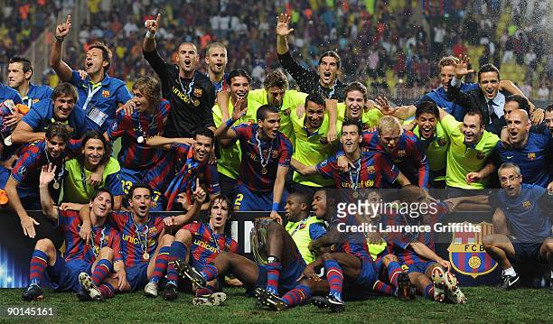 The Barcelona team celebrate after victory in the UEFA Super Cup Final between FC Barcelona and Shakhtar Donetsk at The Stade Louis II Stadium on...