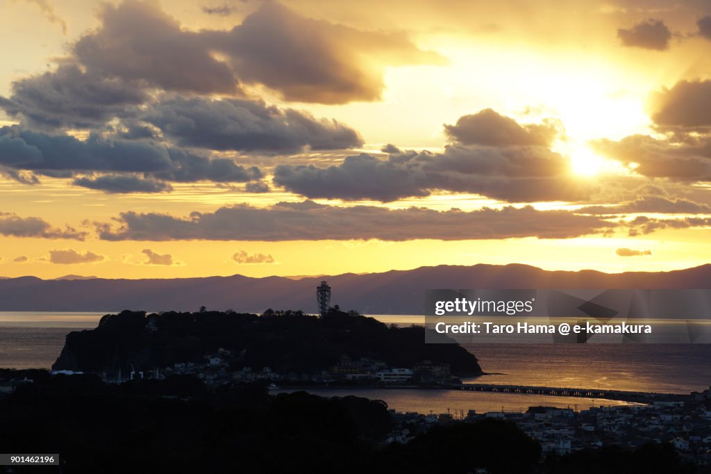 Evening sun on Izu Peninsula, Sagami Bay and Enoshima Island in Fujisawa city in Kanagawa prefecture in Japan