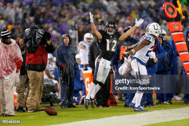 Baltimore Ravens wide receiver Michael Campanaro pleads his case for a pass interference call during the game between the Indianapolis Colts and...