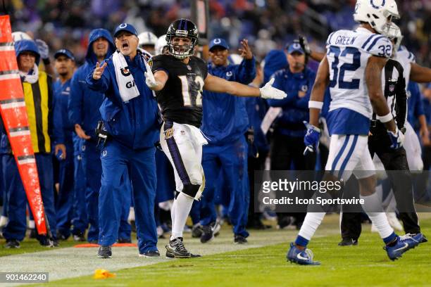Baltimore Ravens wide receiver Michael Campanaro pleads his case for the pass interference call while Indianapolis Colts Head Coach Pageno Chuck...