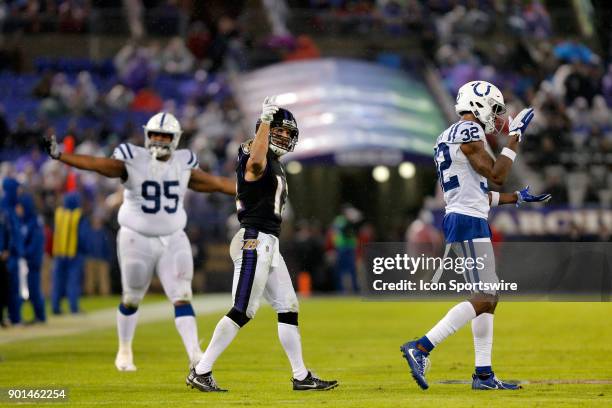 Baltimore Ravens wide receiver Michael Campanaro reacts after getting the pass interference call during the game between the Indianapolis Colts and...