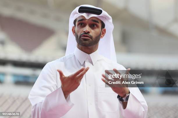 Hassan Al Thawadi, the Secretary General of the Qatar's Supreme Committee for Delivery and Legacy talks to the media during a presentation at the at...