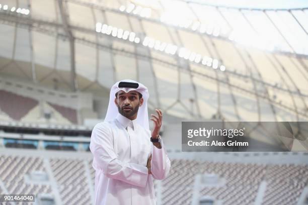 Hassan Al Thawadi, the Secretary General of the Qatar's Supreme Committee for Delivery and Legacy talks to the media during a presentation at the at...