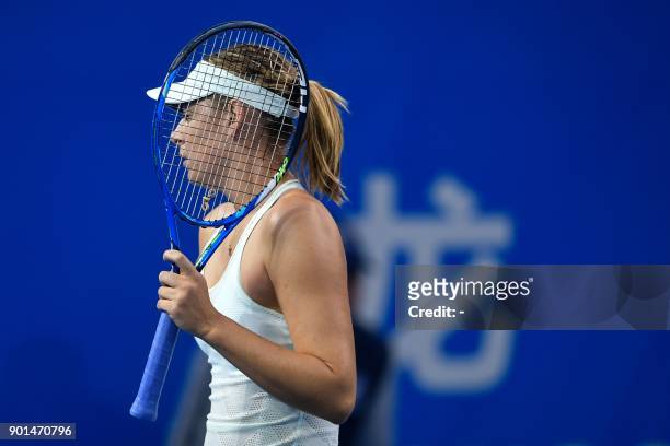 Maria Sharapova of Russia reacts during her women's singles semi-final match against Katerina Siniakova of the Czech Republic at the WTA Shenzhen...