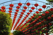 Beautiful Pattern of Chinese Red Lanterns Decorated at Wat Leng Noei Yi 2, Nonthaburi Thailand in the Celebrate of the Chinese New Year Festival.