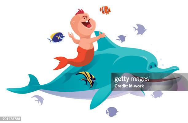 stockillustraties, clipart, cartoons en iconen met baby zeemeermin met dolfijnen en tropische vissen - angelfish